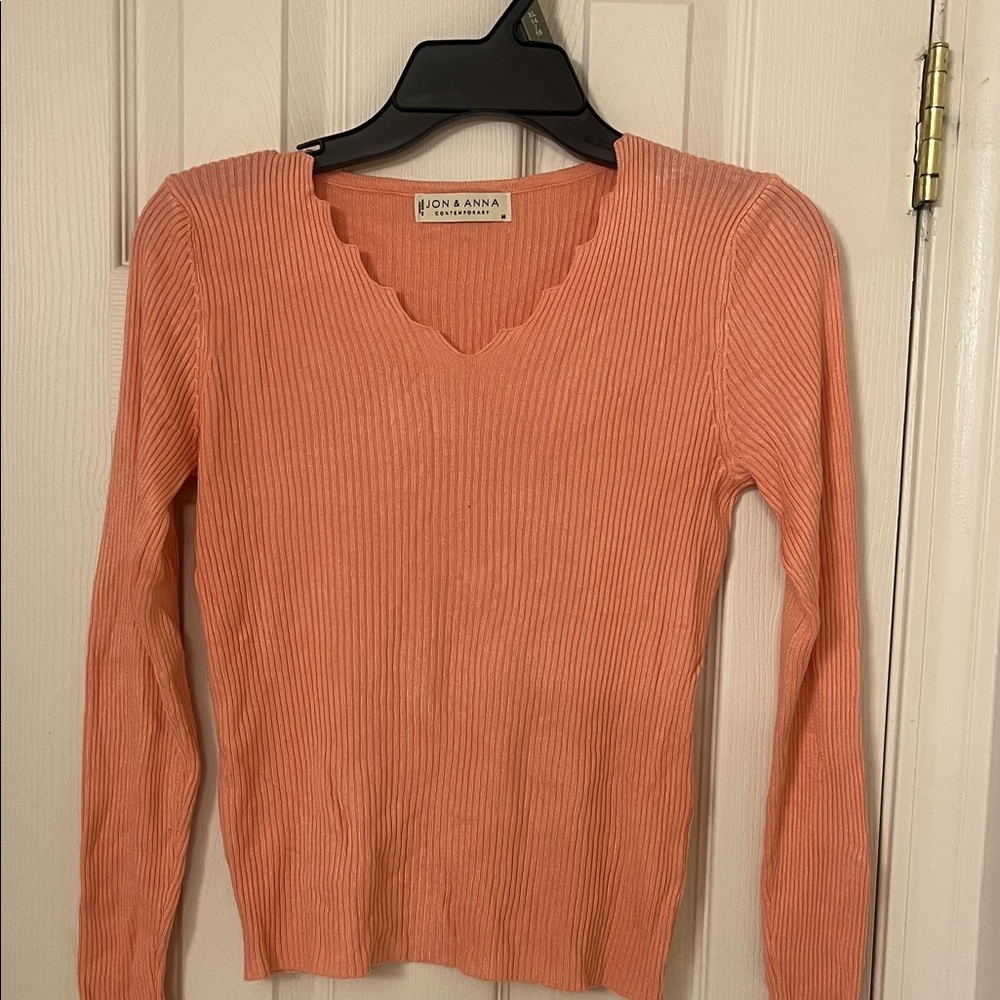 Jon & Anna V-Neck Scalloped Sweater - Coral